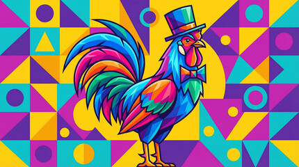 Vibrant and Stylish Rooster Wearing a Top Hat and Bow Tie Against a Modern Geometric Abstract Background