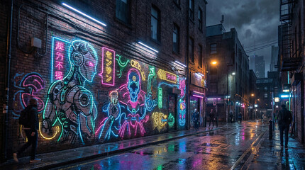 Vibrant cyberpunk street art glows on a rain-soaked urban alley at night, reflecting neon colors on the wet pavement as pedestrians walk by