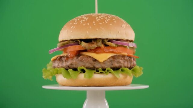 hamburger on a plate with green screen background