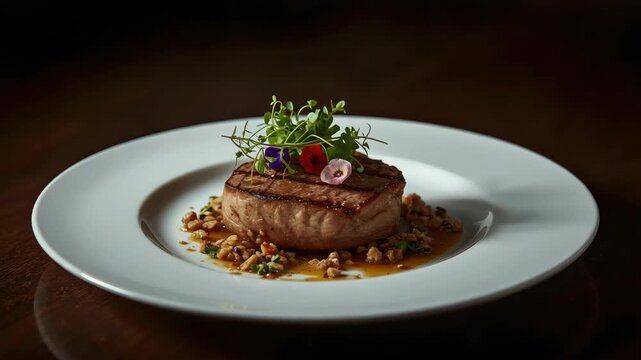 Grilled filet mignon with microgreens and edible flower on walnut crumble, savory sauce