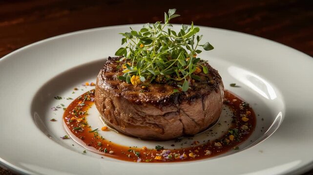 Grilled filet mignon medium rare with microgreen sauce on white plate elegant presentation