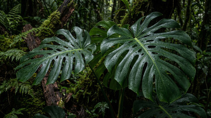 Vibrant Monstera Leaves Adorned with Raindrops Amidst the Dense, Verdant Jungle Undergrowth, Capturing the Essence of Tropical Rainforest Flora and Serene Natural Beauty