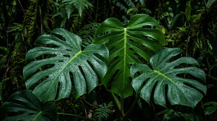 Close-up of vibrant Monstera deliciosa leaves adorned with fresh water droplets in a dense, dark tropical rainforest setting, highlighting the beauty of natural foliage