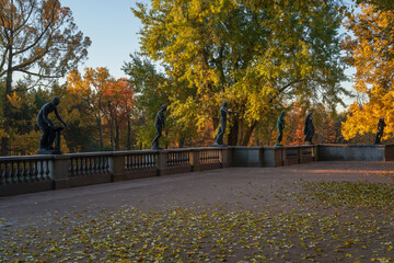 Granite terrace with statues in the Catherine Park of Tsarskoye Selo on a sunny autumn day, Pushkin, St. Petersburg, Russia