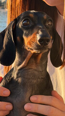 A cute black and tan dachshund relaxes in the sun, held by a young caucasian female. the dog's shiny coat and expressive eyes capture a heartwarming moment of companionship.