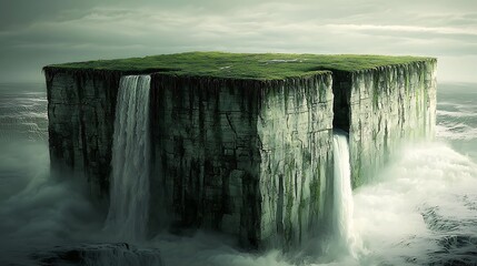 Mysterious Cubic Island with Lush Green Top and Multiple Cascading Waterfalls