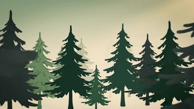 A serene forest of pine trees in a minimalist, animated style.