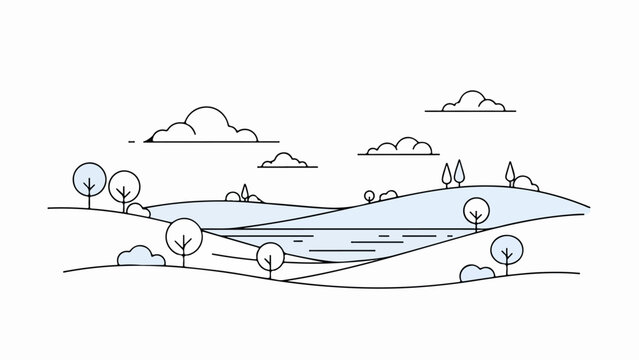 Minimalist line drawing of a serene landscape with a winding river, rolling hills, and fluffy clouds