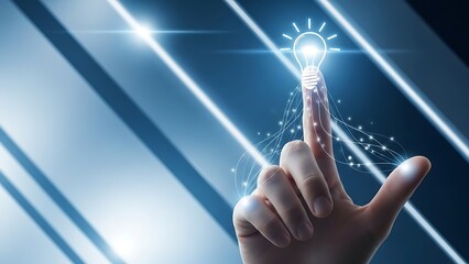 Hand touching glowing light bulb with lines and dots on blue background idea and innovation concept