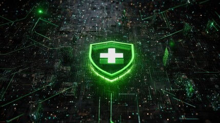 Glowing Green Medical Shield: Digital Health & Cybersecurity Concept, Healthcare technology