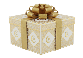 luxury gold gift box with bow, ornate patterned lid - ramadan eid mubarak