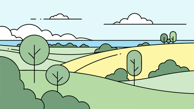 Minimalist landscape illustration with rolling hills, winding path, and distant body of water