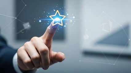 Hand touching glowing star icon with sparkling effect in modern office space