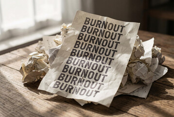 Workplace burnout concept showing repeated stress fatigue mental exhaustion and productivity pressure through crumpled paper notes.
