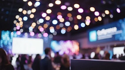 Conference attendees networking in a vibrant, bokeh-lit hall.