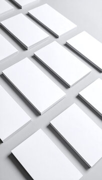 Multiple stacks of blank white business cards or paper sheets arranged neatly on a light grey background, creating a clean and minimalist pattern.