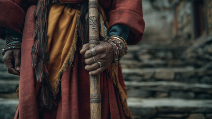 A traditional dancer participates in the Lhamoi Dromchhen Festival in Trongsa Dzong, Bhutan, wearing a vibrant red robe and holding a decorated stick.