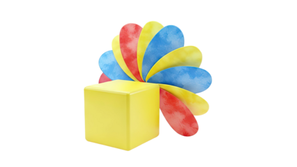 Yellow Cube with Colorful Petal-Like Shapes