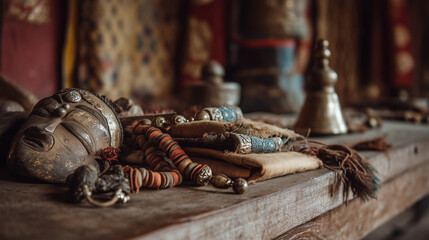 The Lhamoi Dromchhen Festival in Trongsa Dzong showcases various ritual objects and prayer items on a wooden table indoors.