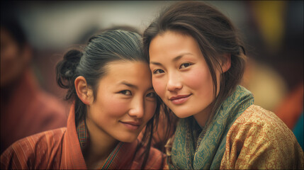 Two women in traditional attire smiling at Lhamoi Dromchhen Festival in Trongsa Dzong