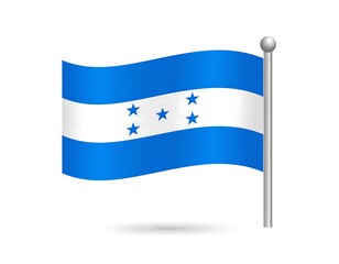 A digitally rendered image of a waving flag attached to a metallic pole, depicting a horizontal tricolor design with centered stars