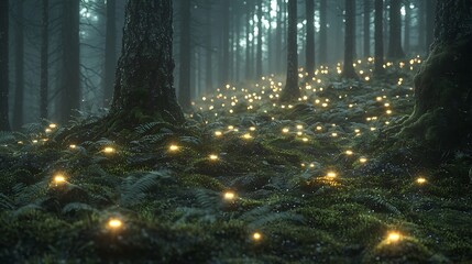 Enchanted Forest Floor Illuminated by Magical Glowing Lights and Misty Woodland Atmosphere