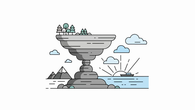 Minimalist surreal landscape with inverted funnel formation, green trees, rocky terrain, and blue water