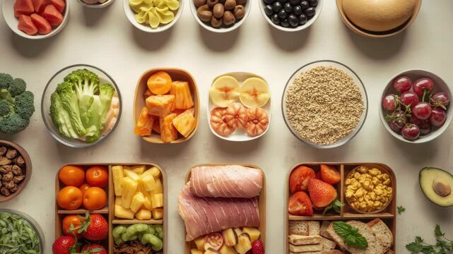 Fresh healthy picnic lunch box with fruit, berry, strawberry, cherry, apple, grains, greens