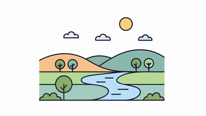 Obraz premium Winding river flowing through lush green grass and shrubbery with rolling hills and a bright yellow sun in the background