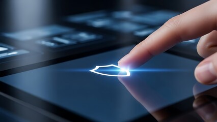 hand touching screen with glowing shield icon on interface  security and protection concept