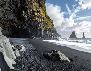 A dramatic coastal scene shows black sand meeting the ocean, a basalt cliff frames a cave, and distant rock formations rise from the sea