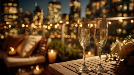 Sparkling Champagne Glasses, Luxury Rooftop City Night View, Celebration