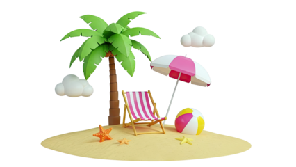 3D Tropical Beach Scene with Palm Tree, Deck Chair, and Beach Ball