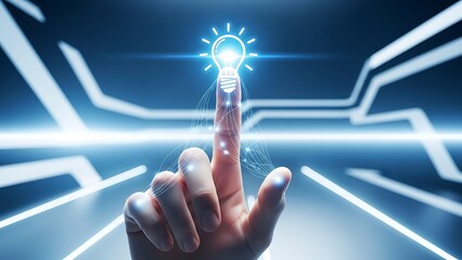 Hand with index finger touching a glowing blue light bulb icon with lines and circuits in the background  symbolizing idea and innovation