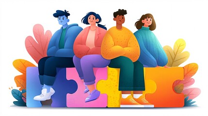 Diverse Group of Friends Sitting on Puzzle Blocks in a Colorful Scene