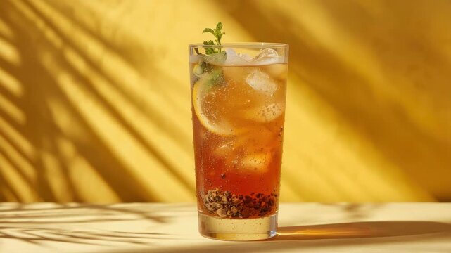 Iced lemon tea mint seed glass sunlit summer refreshment with crushed pearls and tapioca garnish