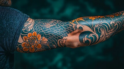 Vibrant Japanese Irezumi Tattoo on Arm with Orange Flowers and Teal Waves