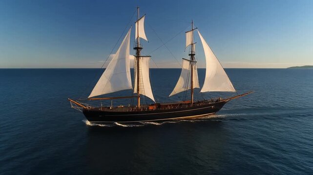 Majestic Schooner Sailing Gracefully Across a Calm Blue Sea Under Clear Sky