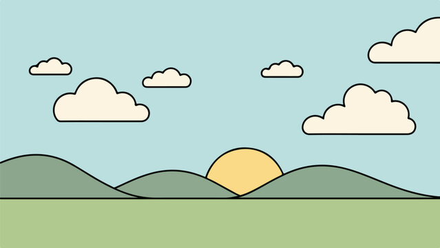 Stylized landscape illustration of a sunrise or sunset over rolling hills with a soft blue sky and fluffy white clouds