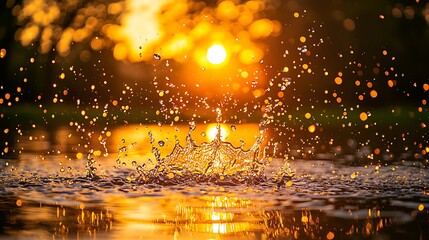 Dynamic water splash with shimmering golden droplets against a beautiful sunset bokeh background.