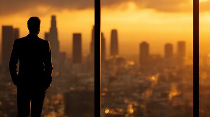 Executive Man Looks at Cityscape Sunset, Future Business Vision, Success