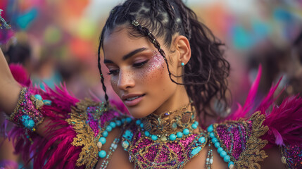 Vibrant dancer performs during Carnaval de Cozumel in Quintana Roo, Mexico, showcasing stunning costume and makeup in a lively celebration atmosphere with joyful crowd.