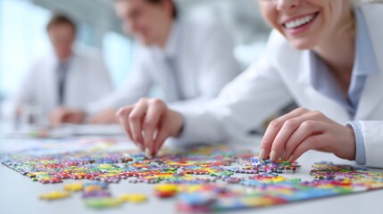 Collaborative Puzzle Solving Activity in a Bright Office Space