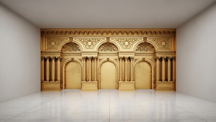 Empty square room with Palace gold Arcade in an old oriental style. Facade of a classical building