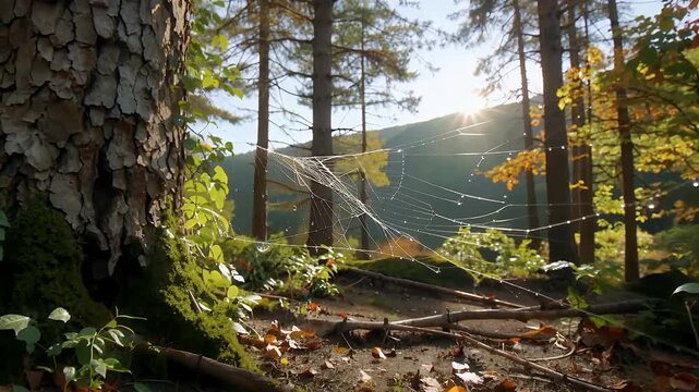 Sunlit Forest Path with Spider Webs and Dappled Light.