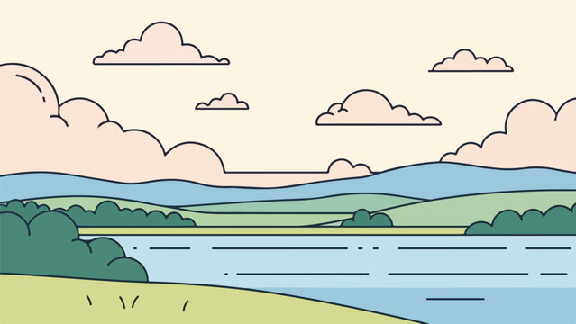 Illustration of a serene landscape with a grassy area, calm river, and rolling hills under a pastel sky