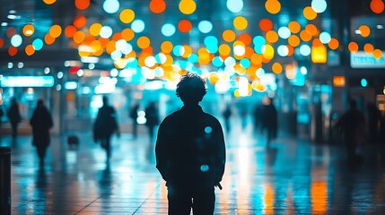 Silhouette of a person standing in a vibrant urban environment with abstract bokeh lights and reflections.