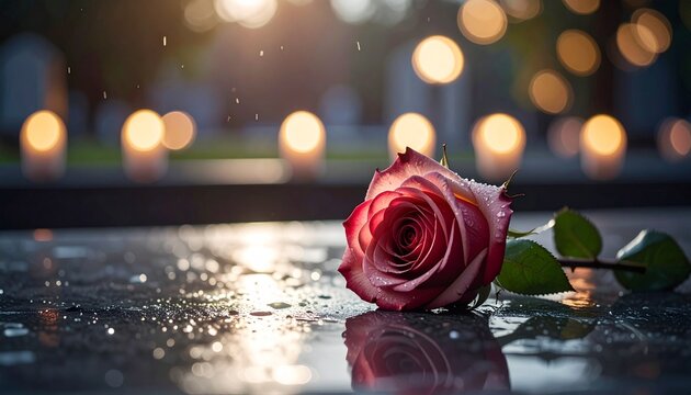 Elegant Rose with Red and White Petals on a Reflective Surface with Bokeh Background.