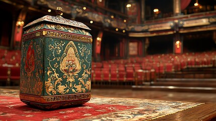 Elaborate decorative casket with intricate gold patterns on red carpet in a grand opulent theater