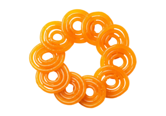 orange gummy ring candy wreath on white background